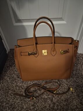 Structured Tan Faux Leather Top-Handle Bag with Gold Hardware